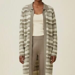 Exclusively Misook Collared Stripe Long Linen Cardigan Women's Medium Beige
